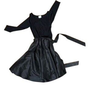 Anthropologie Maeve Black 3/4 Sleeve Fit & Flare Dress‎ With Satin Waist Tie